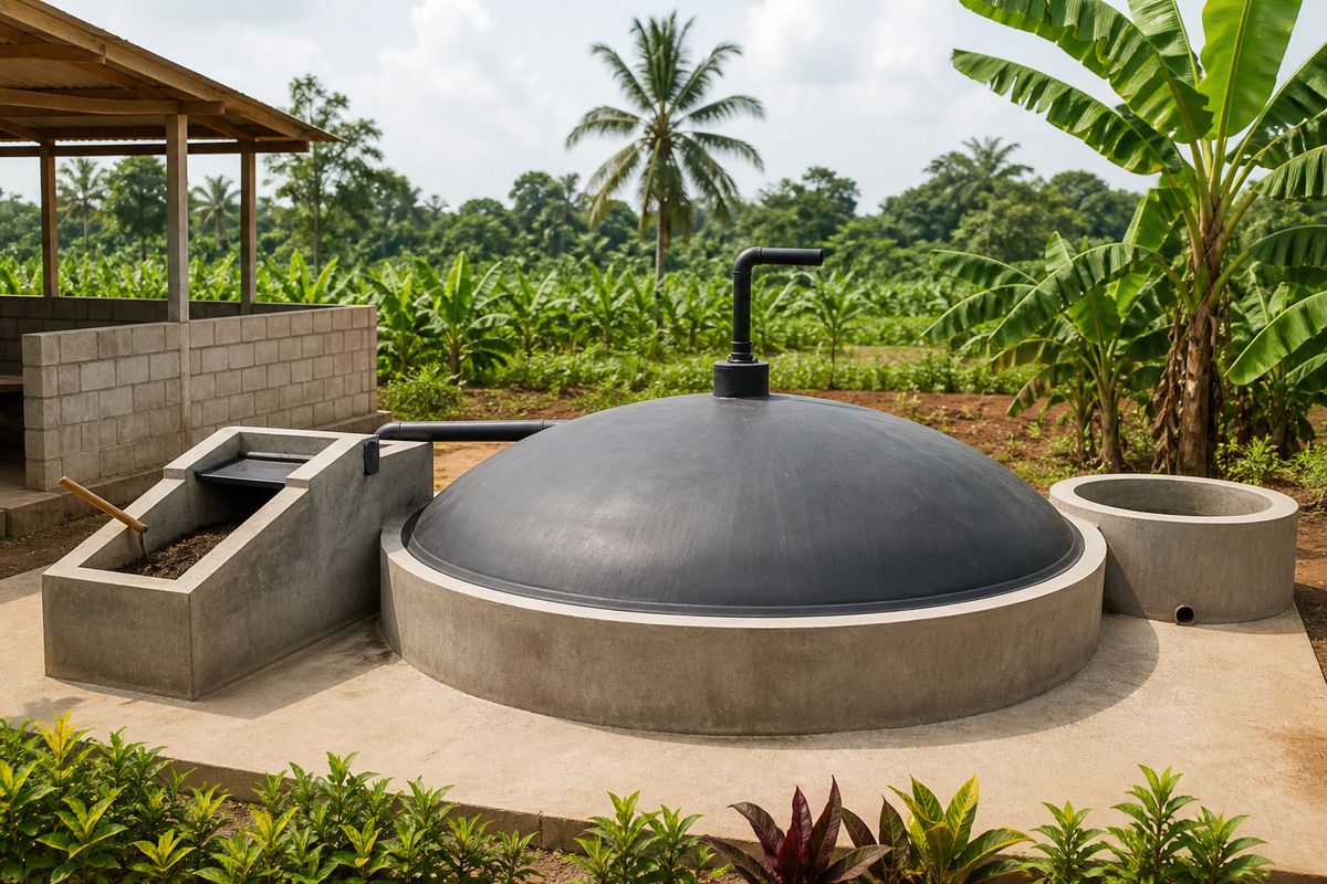 Biodigesteur installé dans un environnement agricole tropical